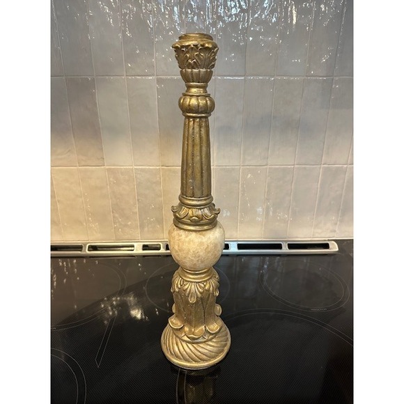 Ornate Gold Tone Marble Accent Pillar Candlestick Holder Vintage Elegant Decor